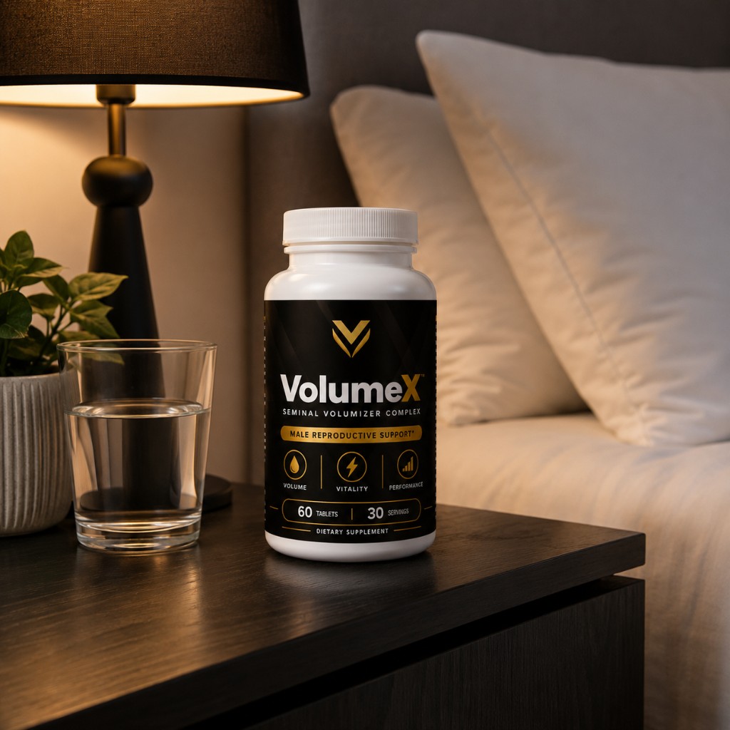 VolumeX bottle on a nightstand with a glass of water