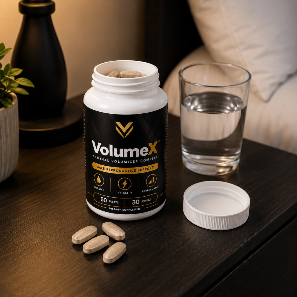 VolumeX bottle with tablets on a nightstand