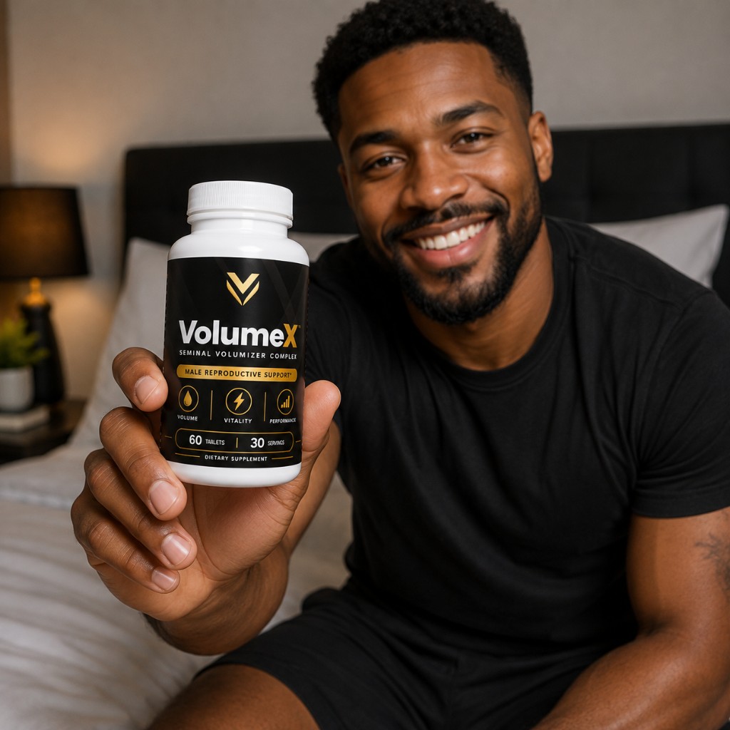 Man holding a VolumeX supplement bottle
