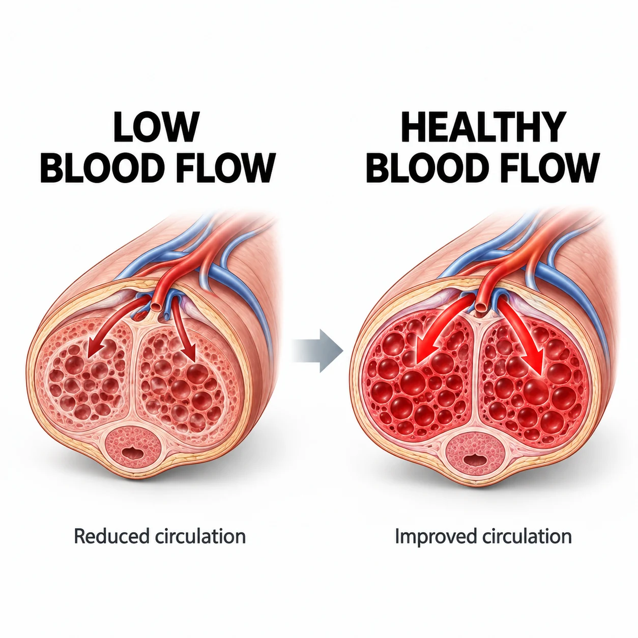 Cross-section diagram: low blood flow with reduced circulation versus healthy blood flow with improved circulation